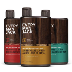 Every Man Jack Amber-Sandalwood bottle pour enhances rugged morning routine.