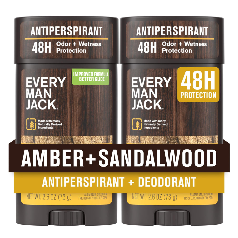 Every Man Jack Amber + Sandalwood 2-pack front view for 48-hour odor defense for active days.