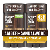 Every Man Jack Amber + Sandalwood 2-pack front view for 48-hour odor defense for active days.