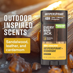 Every Man Jack Amber + Sandalwood deodorant stick close-up shows smooth glide.