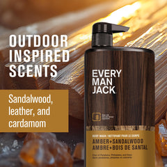 Every Man Jack Amber Sandalwood scent close-up with earthy vetiver undertone, daily shower ritual.