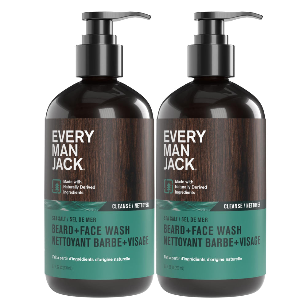 Every Man Jack beard-face-wash bottle close-up highlighting deep cleansing.