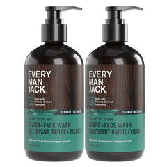 Every Man Jack beard-face-wash bottle close-up highlighting deep cleansing.