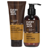 Every Man Jack beard-face wash-lotion-set sandalwood-packaging highlights convenient all-in-one grooming.