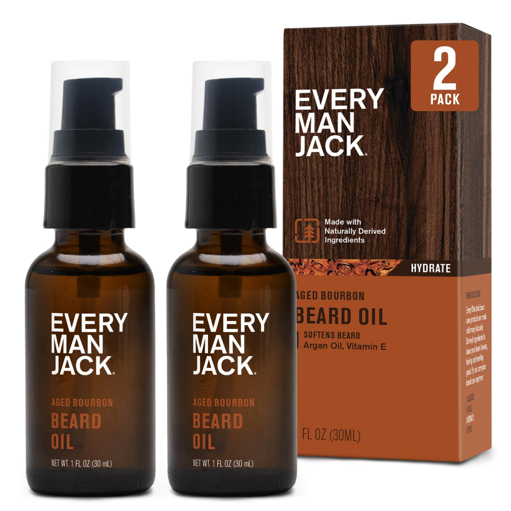 Every Man Jack beard oil aged bourbon bottle showcases refined fragrance for daily grooming.