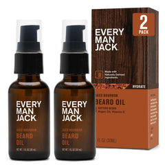 Every Man Jack beard oil aged bourbon bottle showcases refined fragrance for daily grooming.