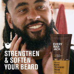 Every Man Jack beard thickening cream dispense shows quick-sink formula for easy styling