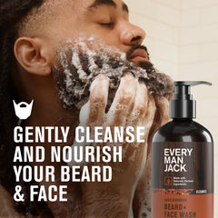 Two-pack packaging of Every Man Jack beard wash highlights natural aloe and coconut-derived surfactants.