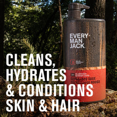 Every Man Jack Cedar + Red Sage 3in1 bottle closeup shows natural ingredients and clean lather.