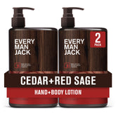 Every Man Jack Cedar+Red Sage lotion bottle shows rugged, fast-absorbing hydration.