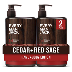 Every Man Jack Cedar+Red Sage lotion bottle shows rugged, fast-absorbing hydration.