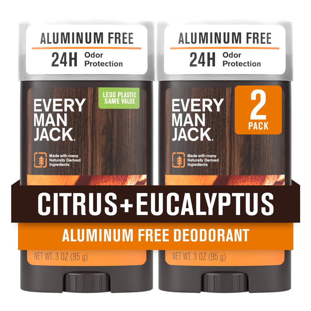 Every Man Jack Citrus + Eucalyptus deodorant bottle front showing aluminum-free protection for all-day freshness.