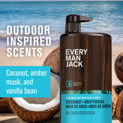 Every Man Jack Coconut + Driftwood label closeup highlights scent for easy recognition.