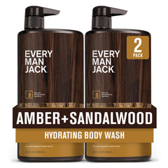 Every Man Jack Nourishing Amber + Sandalwood bottle front communicates two-pack value for daily cleansing.