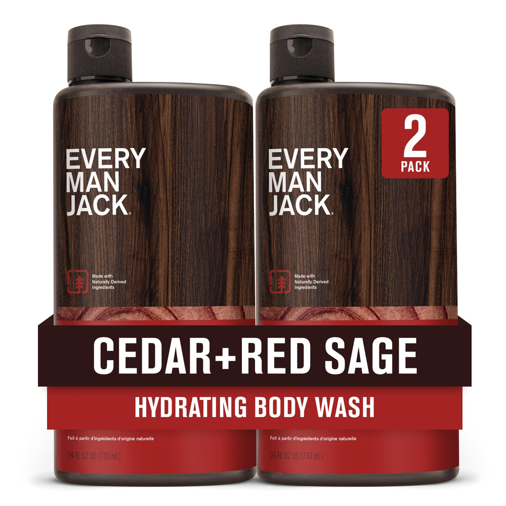 Every Man Jack Nourishing Cedar Red Sage body wash bottle demonstrates a refreshing cleanse for all skin types.