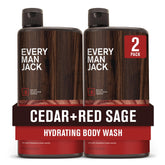 Every Man Jack Nourishing Cedar Red Sage body wash bottle demonstrates a refreshing cleanse for all skin types.