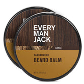 Every Man Jack sandalwood beard balm packaging highlights a two-pack display for travel and home use.