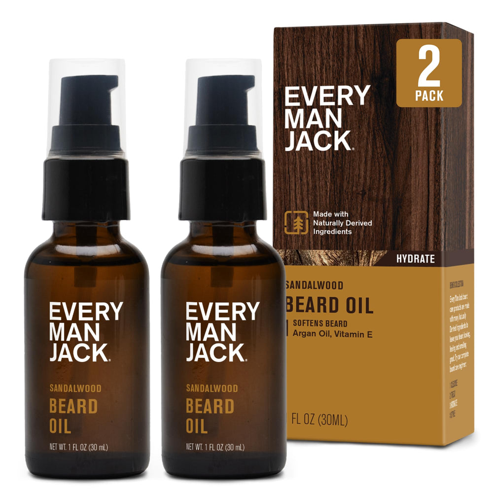 Every Man Jack sandalwood beard oil bottle shows 1oz of natural moisturizer for beard hydration.