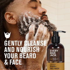 Every Man Jack Sandalwood Beard Wash pour demonstrates controlled dispensing for quick routine.