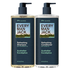 Every Man Jack shampoo bottle with Australian eucalyptus scent for an invigorating cleanse