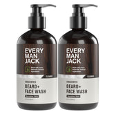 Every Man Jack unscented beard and face wash bottle front offers fragrance-free cleansing for sensitive skin.