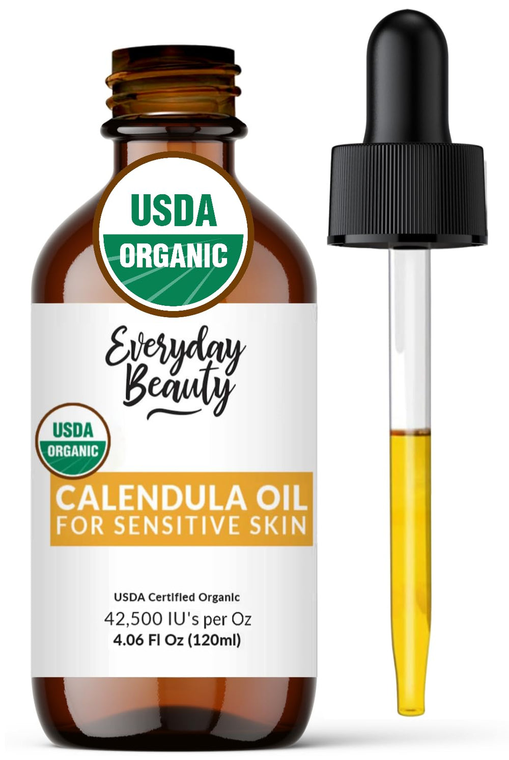 Everyday Beauty calendula oil bottle with dropper for gentle hydration on sensitive skin.