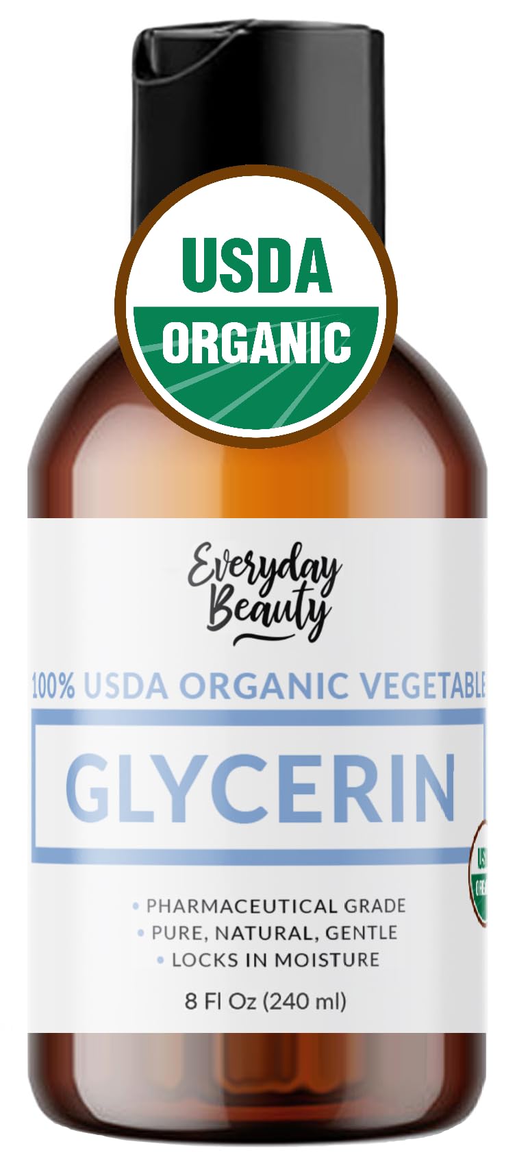 Everyday Beauty 100% Organic Glycerin bottle pour for deep skin hydration and silky softness.