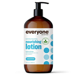 Everyone 2-in-1 lotion bottle front shows unscented hydration for all skin types.