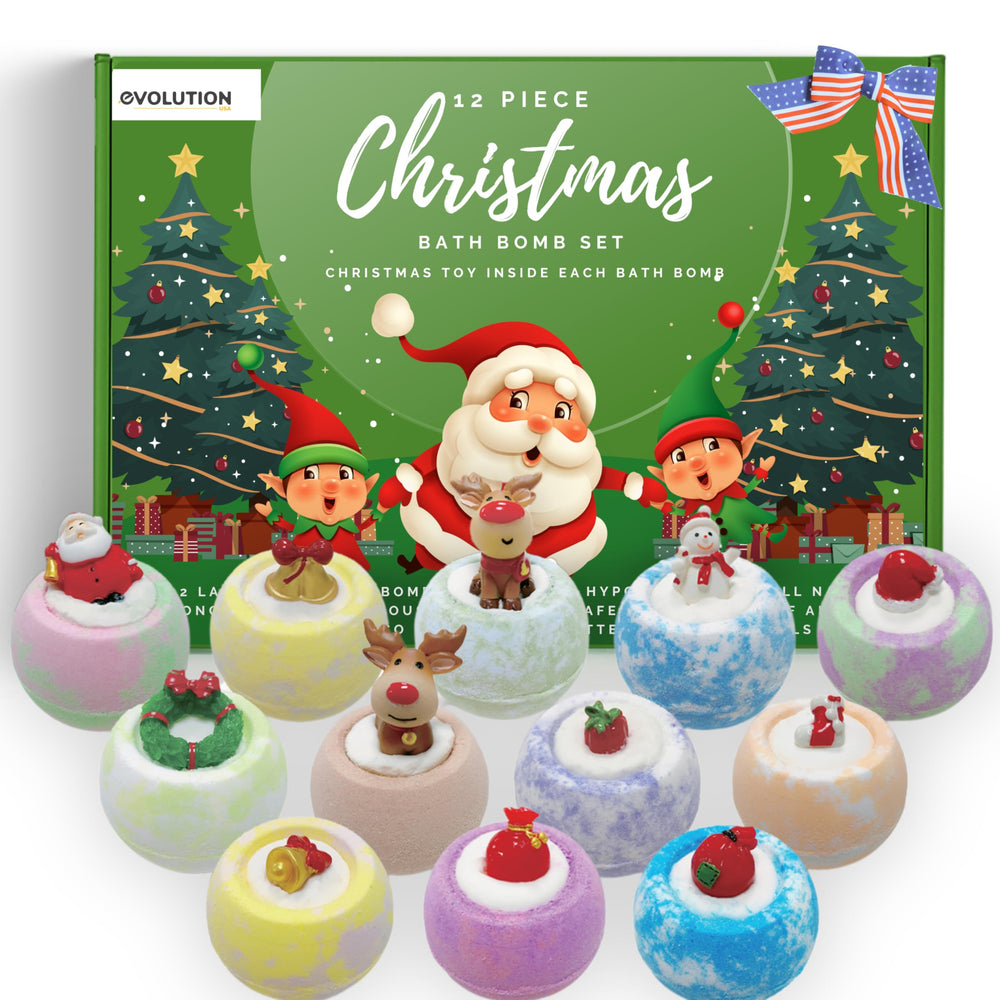 EvolutionUSA Christmas bath bombs for kids with toy inside, enhancing bath time fun.