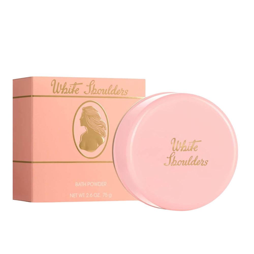 Evyan White Shoulders bath powder packaging showcases timeless elegance for everyday use.