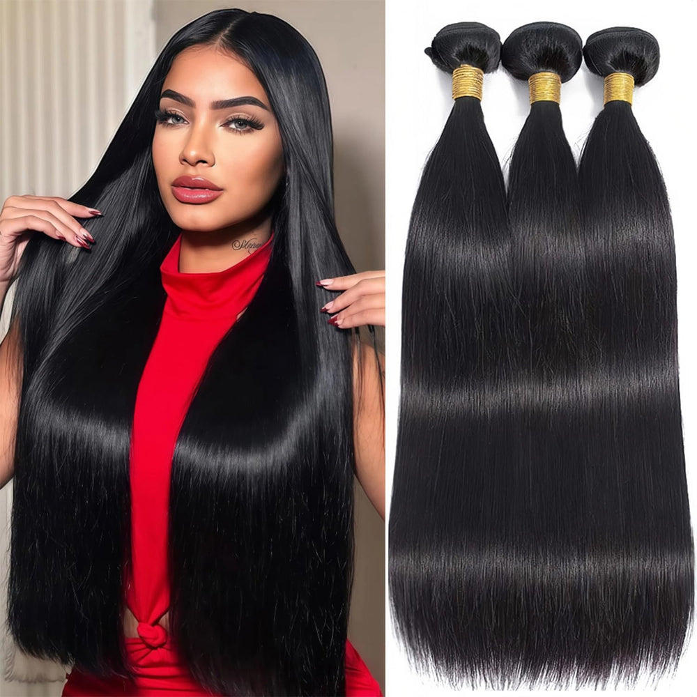 EWOSS Brazilian straight bundles in natural black packaging for quick sew-in styling.