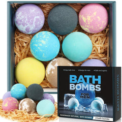 Excalla bath bombs eight-fragrance set with vibrant colors for a relaxing spa-like bath.