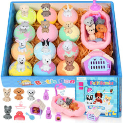 Excalla bath bombs with dog-toy inside reveal colorful surprise during bath time.