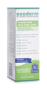 Exederm Body Wash bottle highlighting ultra-hypoallergenic cleansing for sensitive skin.