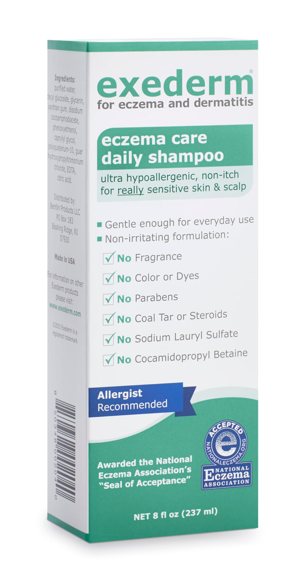 Exederm Shampoo ultra-sensitive bottle pour shows gentle, low-foam cleansing for sensitive scalps.
