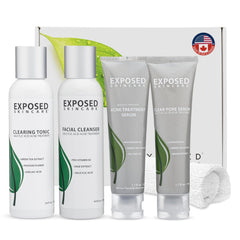 Exposed Skin Care basic acne kit packaging shown for a simple daily routine.