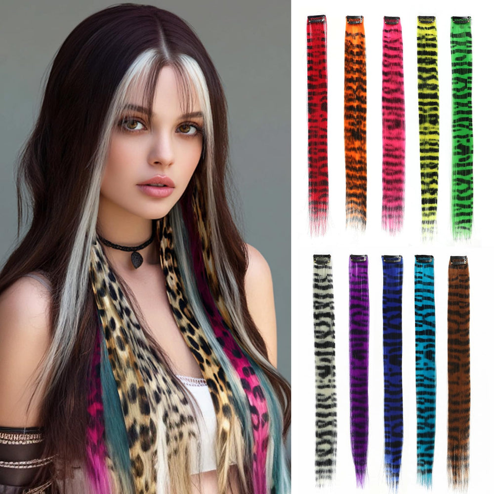 EXTACIO leopard print clip-in extensions add bold color for festival-ready hair.