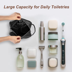 Ezday travel toiletry bag side view highlights water resistance and travel-friendly silhouette.