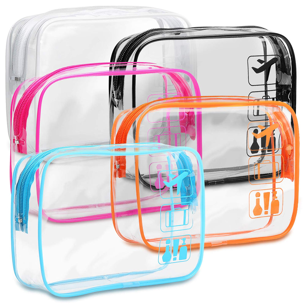 F-color TSA-approved clear toiletry bag with quart-size visibility for fast security checks.