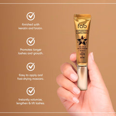 Fab Brows Fab Superstar Mascara close-up shows waterproof all-day lift on lashes.