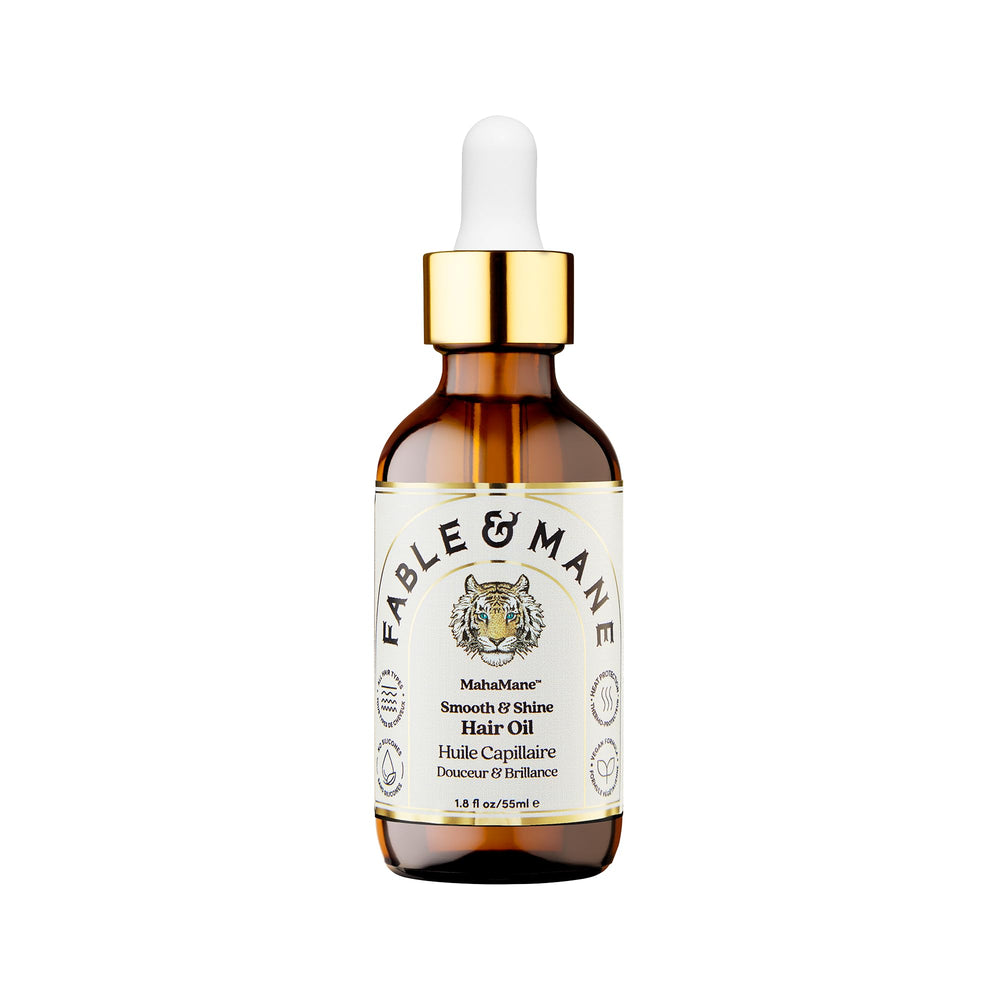 Fable & Mane MahaMane bottle promotes smoothing shine for a glossy look