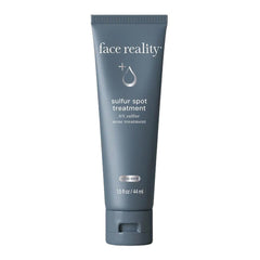 Face Reality Sulfur Spot Treatment tube demonstrates fast-acting acne spot care for calm skin.