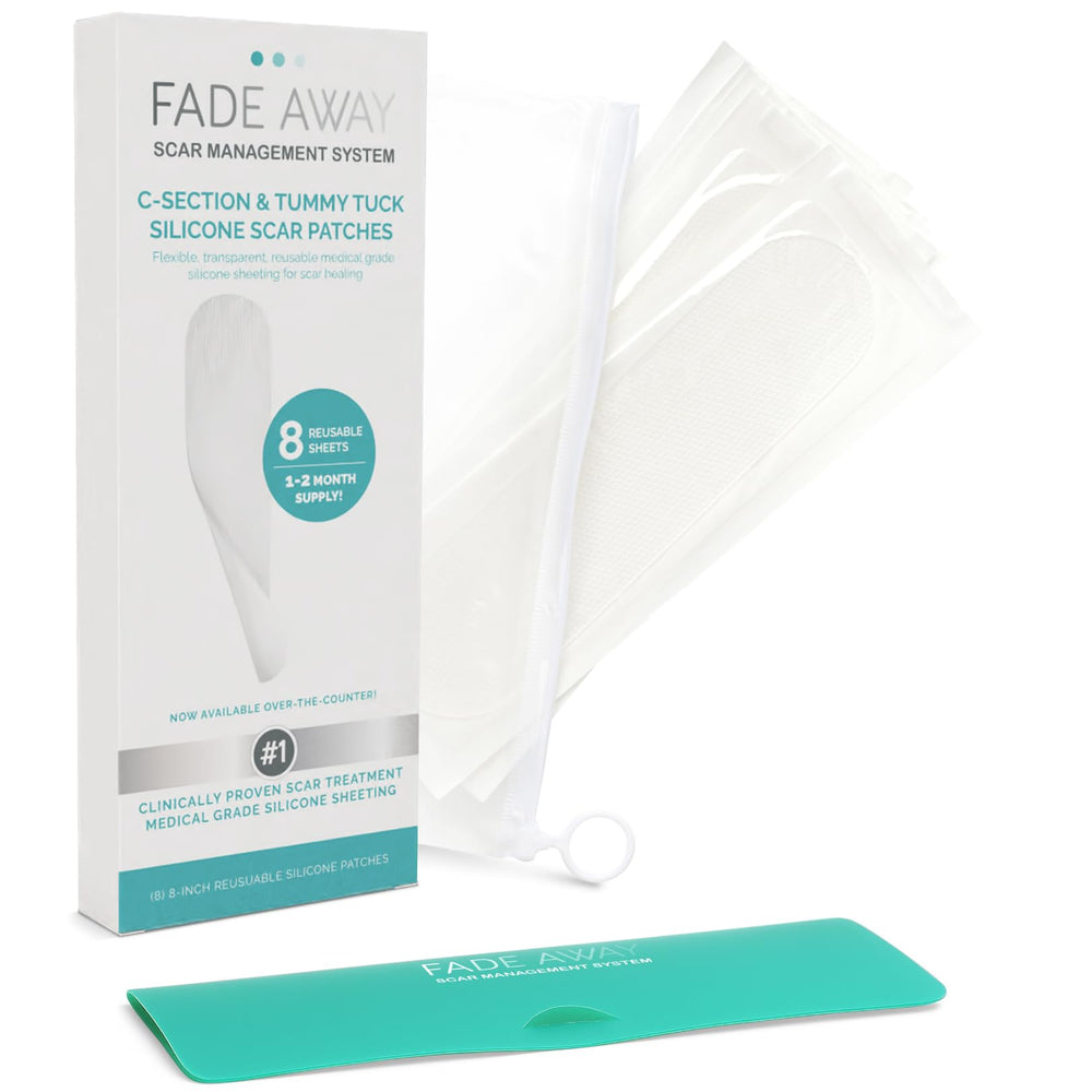 Fade Away scar sheets placed on C-section area for discreet daily wear