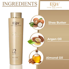 FAIR & WHITE 2 Gold lotion packaging emphasizes nourishing formula