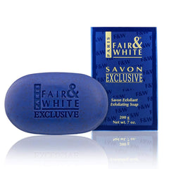 FAIR & WHITE Exclusive Exfoliating Soap bar closeup with apricot seeds for refreshed skin.