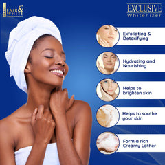 FAIR & WHITE Exclusive Exfoliating Soap applied on skin for body-use suitability.