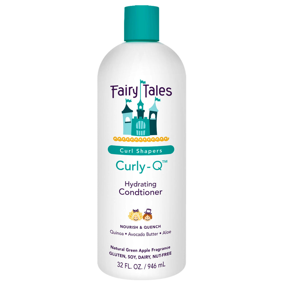 Fairy Tales Curly Q Hydrating Kids Conditioner bottle pictured for detangling curls.