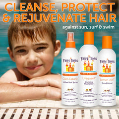 Fairy Tales Swimmer Conditioner kids hair before and after swim shows softer strands.