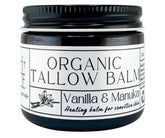 Faith and Grace Organics Vanilla Manuka Tallow Balm jar closeup offers rich, hydrating moisture.