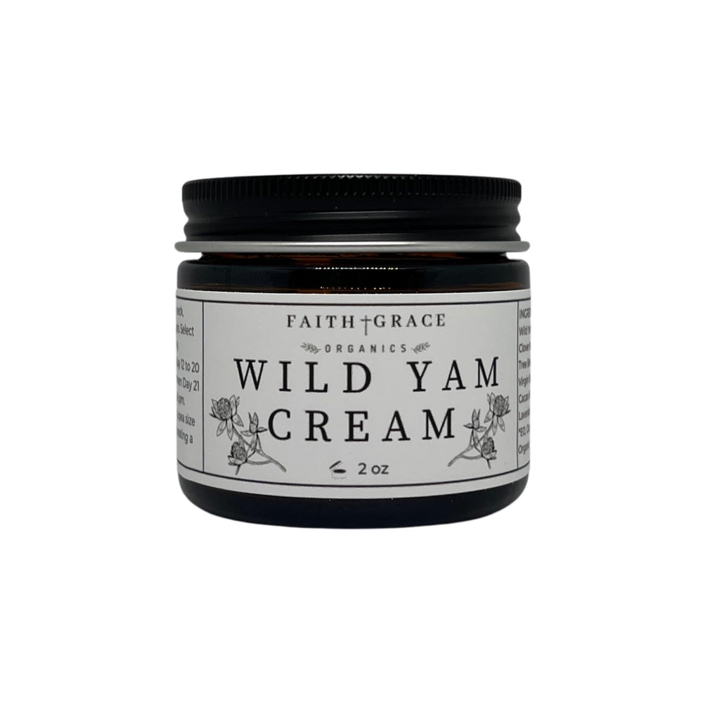 Faith and Grace Organics Wild Yam Cream bottle front highlighting organic formula for daily moisturization